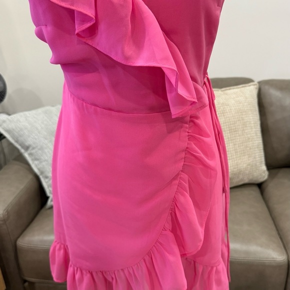 MNG-Mango One Shoulder Pink Mini Wrap Dress Size XS Barbiecore Coquette - Picture 9 of 9